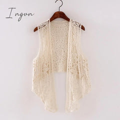 Ingvn - Asymmetric Open Stitch Cardigan Summer Beach Boho Hippie People Style Crochet Knit Embroidery Blouse sleeveless Vest