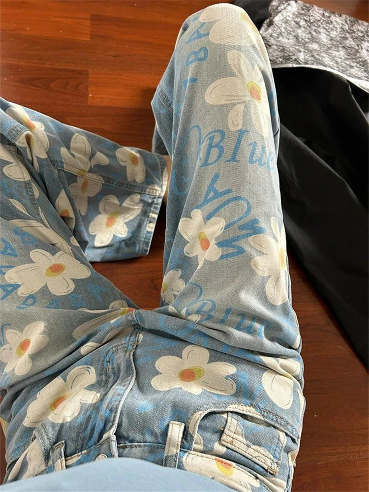 Ingvn  Women's Daisy Printed High Waisted Jeans Summer Street Cool Girl Bottoms Wide Legs Irregular Pants Female Baggy Denim Trousers