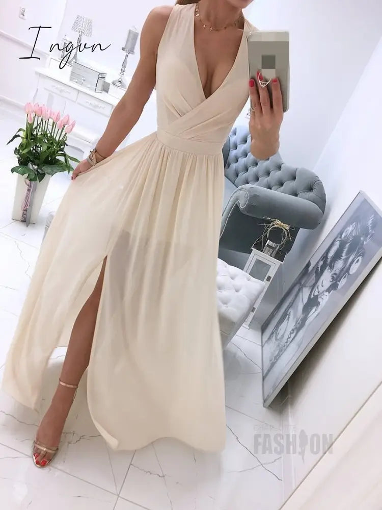 Ingvn - Sexy Long Evening Dress Elegant Dress For Women V-neck Side Split Party Dresses Female Summer Fashion Casual Club Ladies Clothes