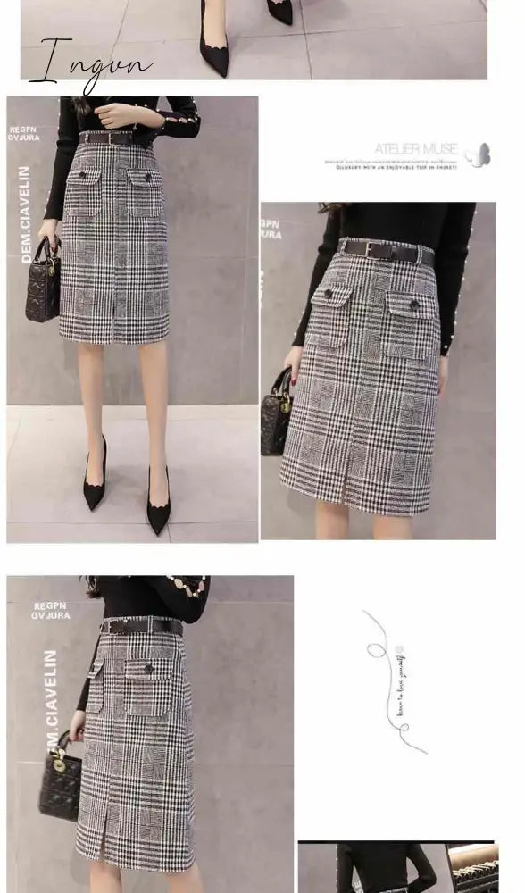 Ingvn - With Belt Autumn and Winter Houndstooth Skirt Women's Split Long Woolen Tartan Skirt Woman Skirts Mujer Faldas Saias Mulher