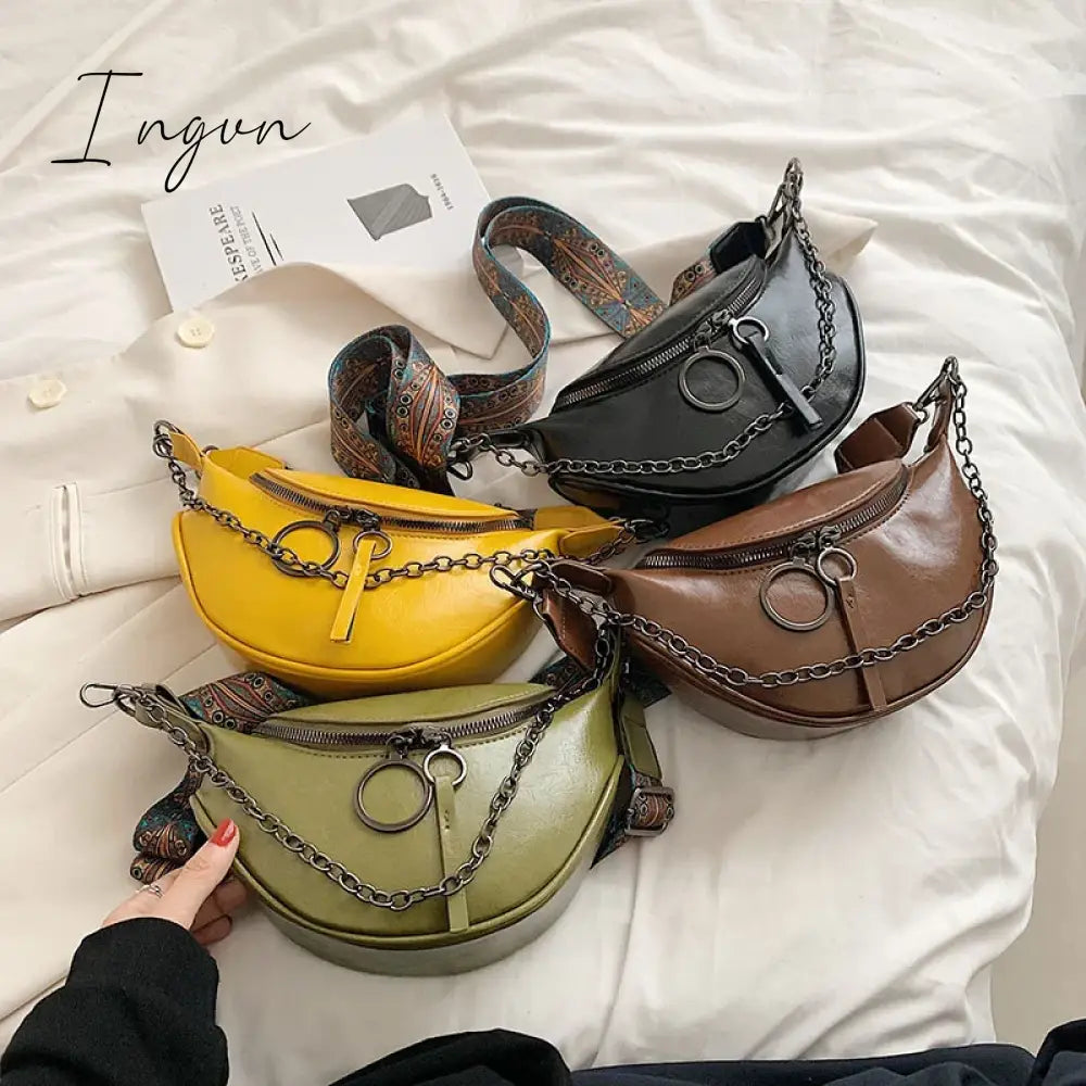 Ingvn - Fashion Saddle Waist Bag Fanny pack Luxury Leather Female Belt Bags Chain Handbag Purse Woman Retro Shoulder Crossbody Chest Bag