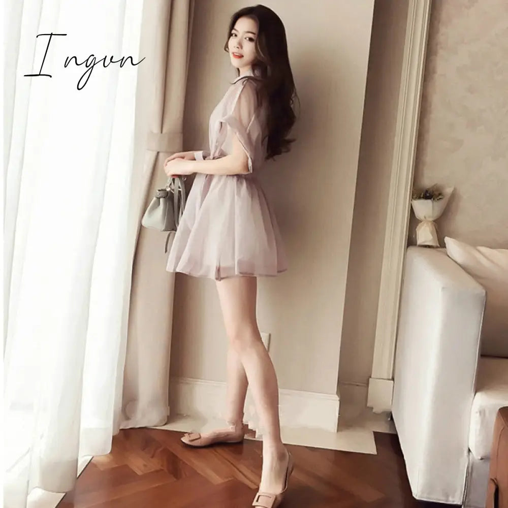 Ingvn - Summer Outfits Summer Two-piece Set Mini Dress Women Korean Short Sleeve Stand Organza Belt Single-breasted T-shirt Dresses + Cotton Base Shirt