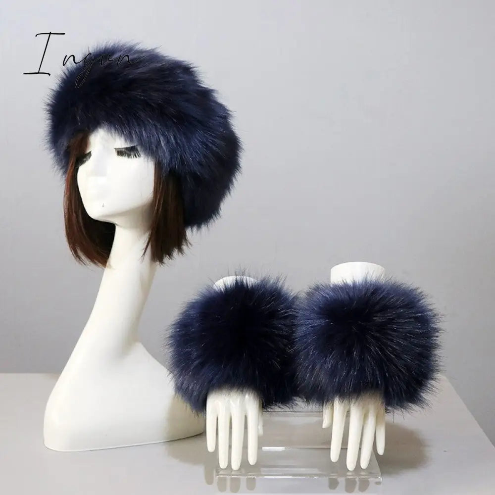 Ingvn - New Autumn Winter Caps Female Hats Cuffs Set Fashion Warmth Imitation Quality Design Faux Fur Hat Fox Fur Sleeves Suit Accessary