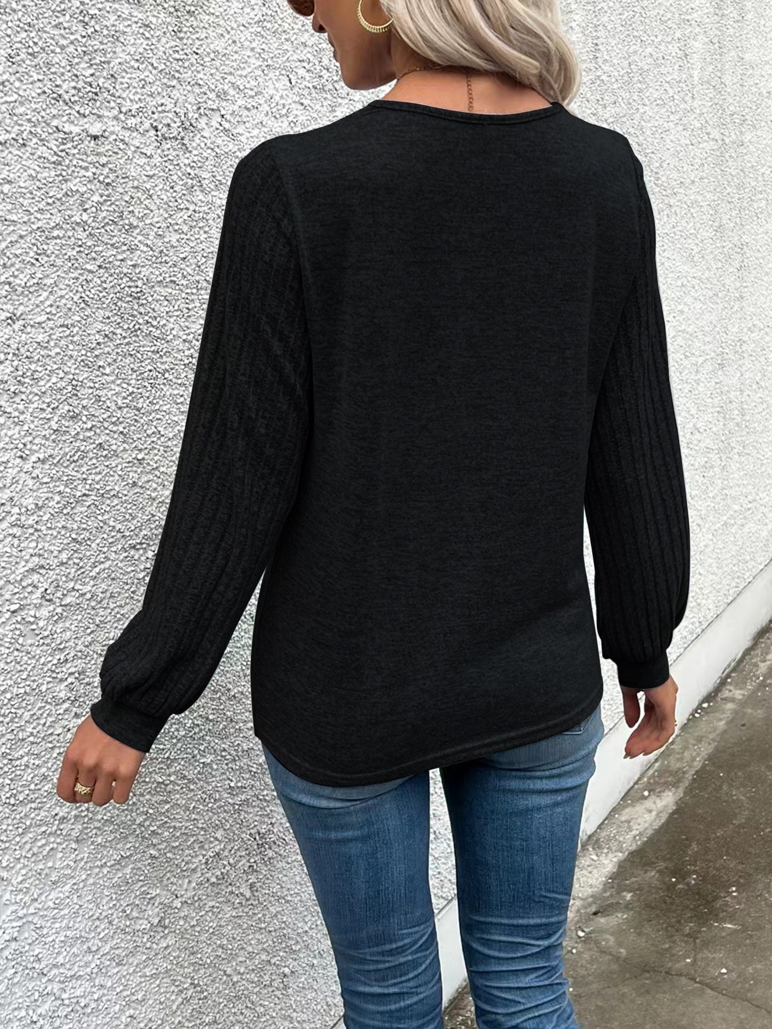 Stylish V Neck Long Sleeve Ribbed T-shirt - Women's Elegant Daily T-Shirts with Buttons - Soft, Breathable, and Comfortable Clothing for Everyday Wear