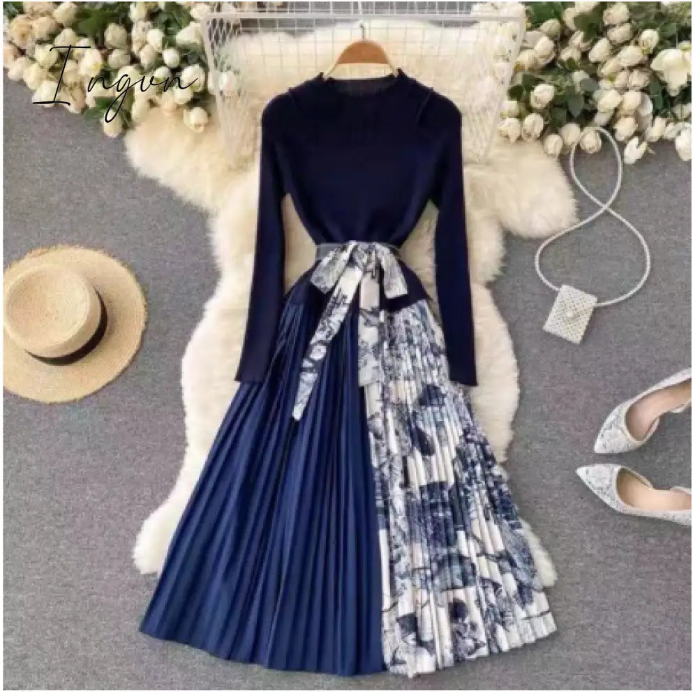 Ingvn - Autumn Winter Elegant Knitted Patchwork Gradient Pink Pleated Dress Women Long Sleeve Office One-Piece Sweater Dress With Belt