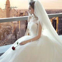 Ingvn - Real Photo Wedding Dress Luxury Lace Strapless Wedding Gown Elegant Long Train Princess Vestido De Noiva Custom Size