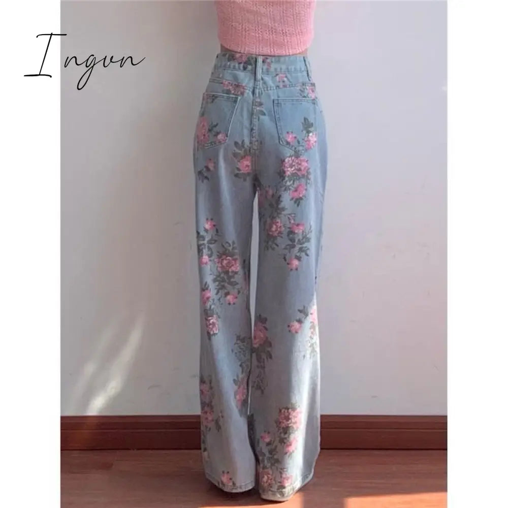 Ingvn - High Waist Flower Pattern Wide Leg Jeans Pants