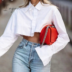 Ingvn - Sexy Crop Top Tassel Solid Color Shirt For Women Lapel Collar Long Sleeve Loose Oversized Shirts Female New