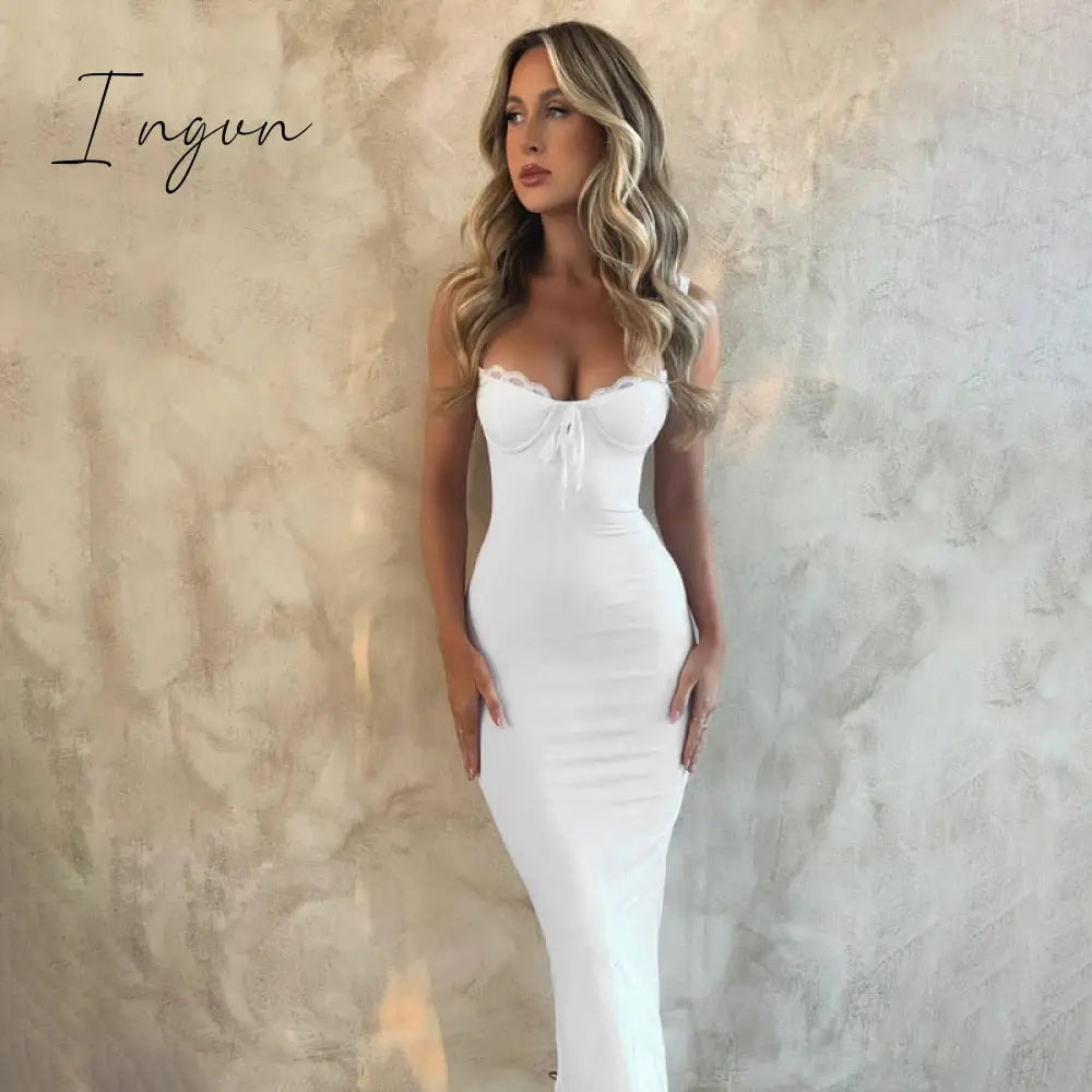 Ingvn - Elegant Lace Maxi Dress Women Lace-up Spaghetti Strap Sleeveless Bodycon Sexy Party Long Dress Vestidos 2023 Clubwear