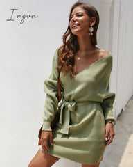 Ingvn - Sexy Bodycon Wrap Sweater Dress Women Autumn Long Sleeve Sashes Tied Mini Casual Cotton Knitted Elegant Winter Dress Cloth