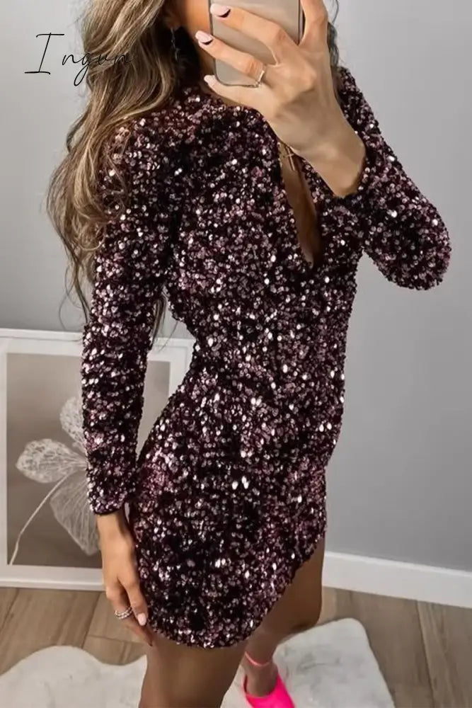 Ingvn - Sexy Vintage Solid Sequins Frenulum Backless O Neck Dresses
