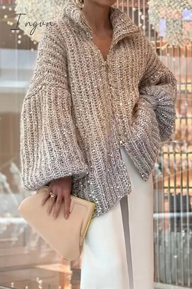 Ingvn - Casual Celebrities Elegant Sequins Turndown Collar Tops