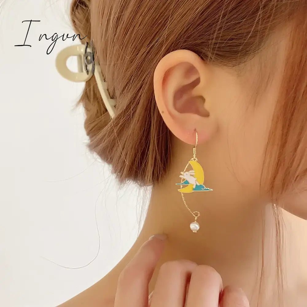 Korean Style Flower Cute Animal Dangle Earrings For Women Moon Stars Kitten Rabbit Balloon Asymmetric Earring Party Jewelry Gift