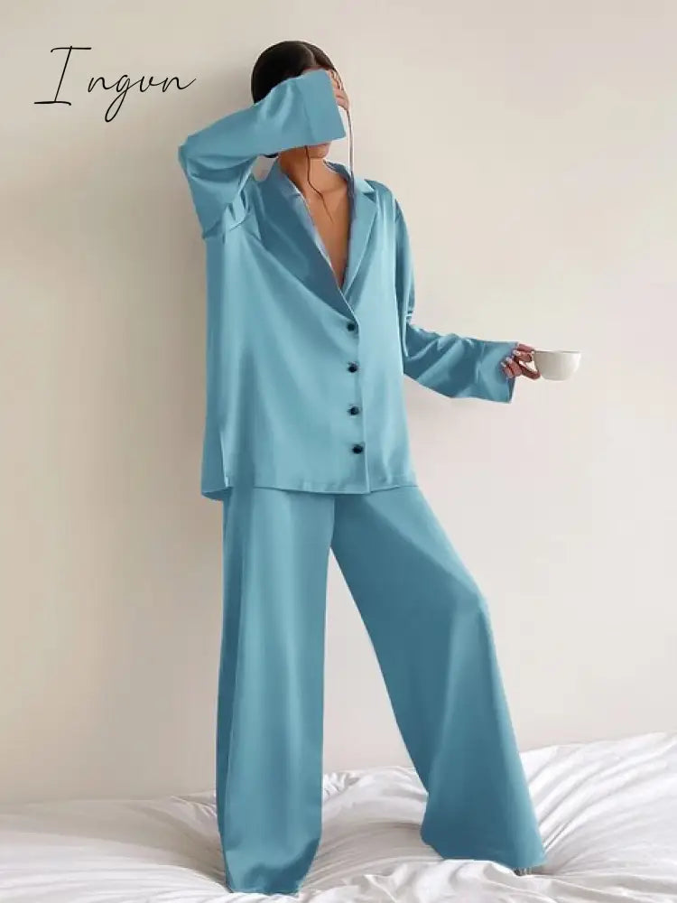Ingvn - Oversized Satin Silk Sleepwear Low Cut Sexy Pajamas For Women Single-Breasted Long Sleeves Wide Leg Pants Trouser Suits
