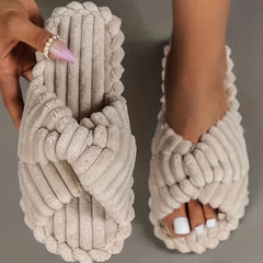 Womens Trendy Solid Color Open Toe Slippers - Ultra-Soft Cross Strap Design - Ideal for Cozy Home Lounging