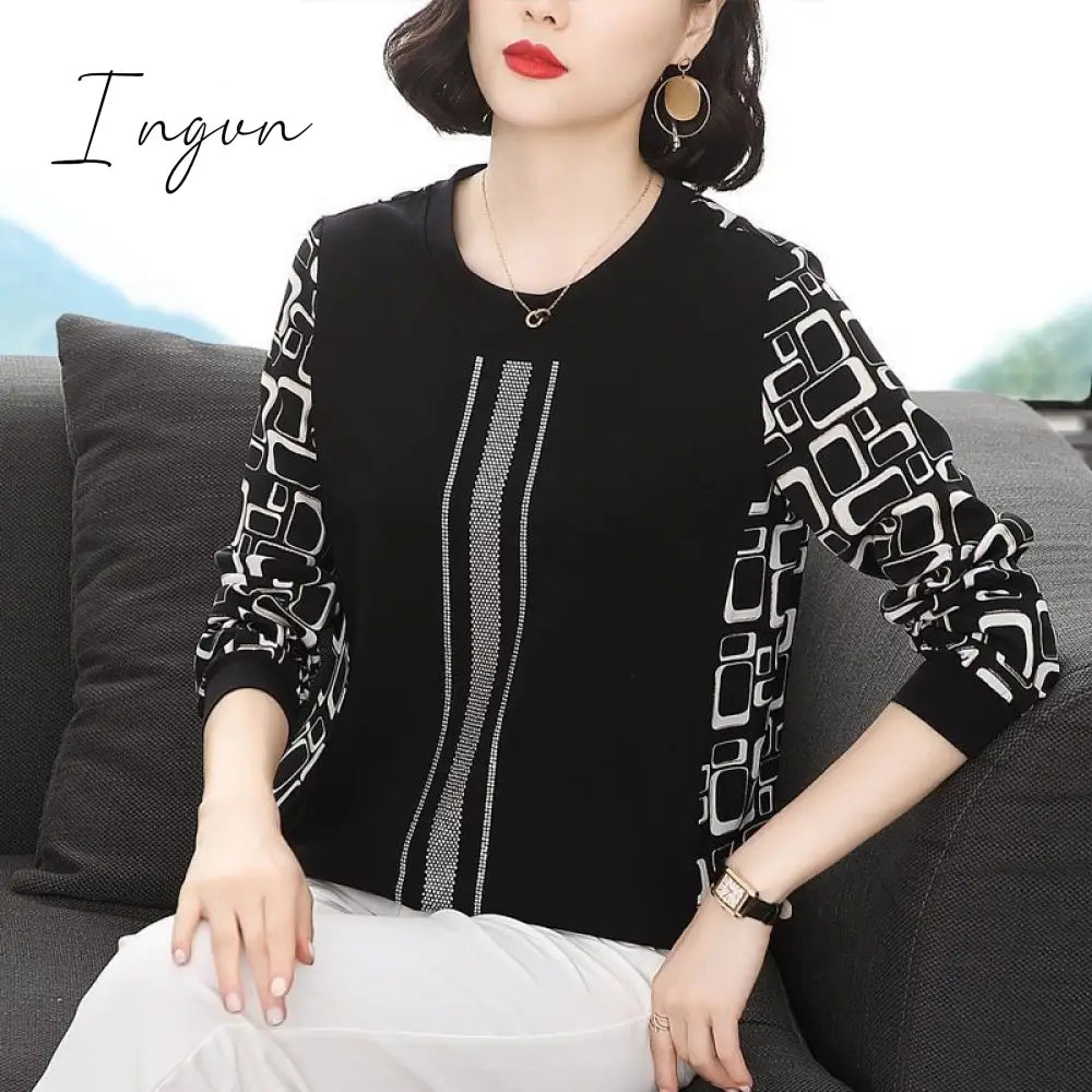 Ingvn - Print Patchwork O-neck Long Sleeved Skinny T-shirt Top Fashion Casual Elegant Popularity Wild Spring Autumn New Women's Clothing