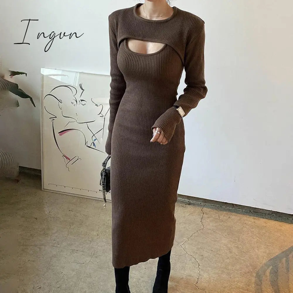Ingvn - Knitted Women Clothing Bodycon Vintage Dresses Hollow Out Long Sleeve Slim Dress Party Streetwear Female Robe Vestidos