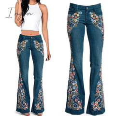 Ingvn - Trends Hot Sale Women Embroidered Bell Bottoms Skinny Jeans Floral Flared Jeans Ladies Spring Casual Denim Pants XS-4XL