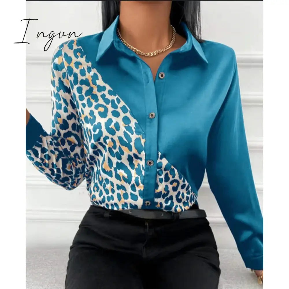 Ingvn - Women Long Sleeve Shirts Autumn New Elegant Satin Blouses Tops Office Leopard Print Patchwork Shirt Ladies Casual Lapel Top