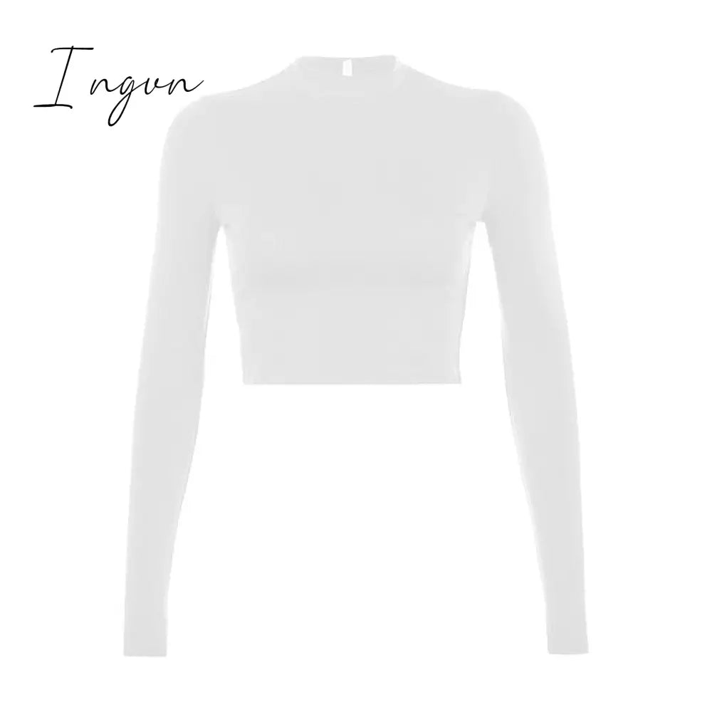 Ingvn - Solid Basic Long Sleeve Womens Tshirt Casual Black White Fashion Crop Top T Shirt Ladies Fashion Korean Tee Shirt