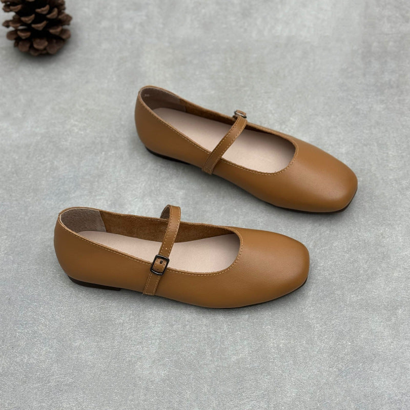 Mary Jane Genuine Leather Single-layer Shoes Spring and Summer Artistic Casual Buckle Flat Soft Cowhide Simple Women's Shoes