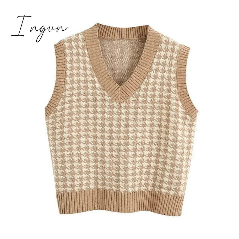 Ingvn - Fashion Women Knitted Vest Pullovers V Neck Sleeveless Houndstooth Knitted Jumper Pullovers Korean Loose Plaid Sweater Vest