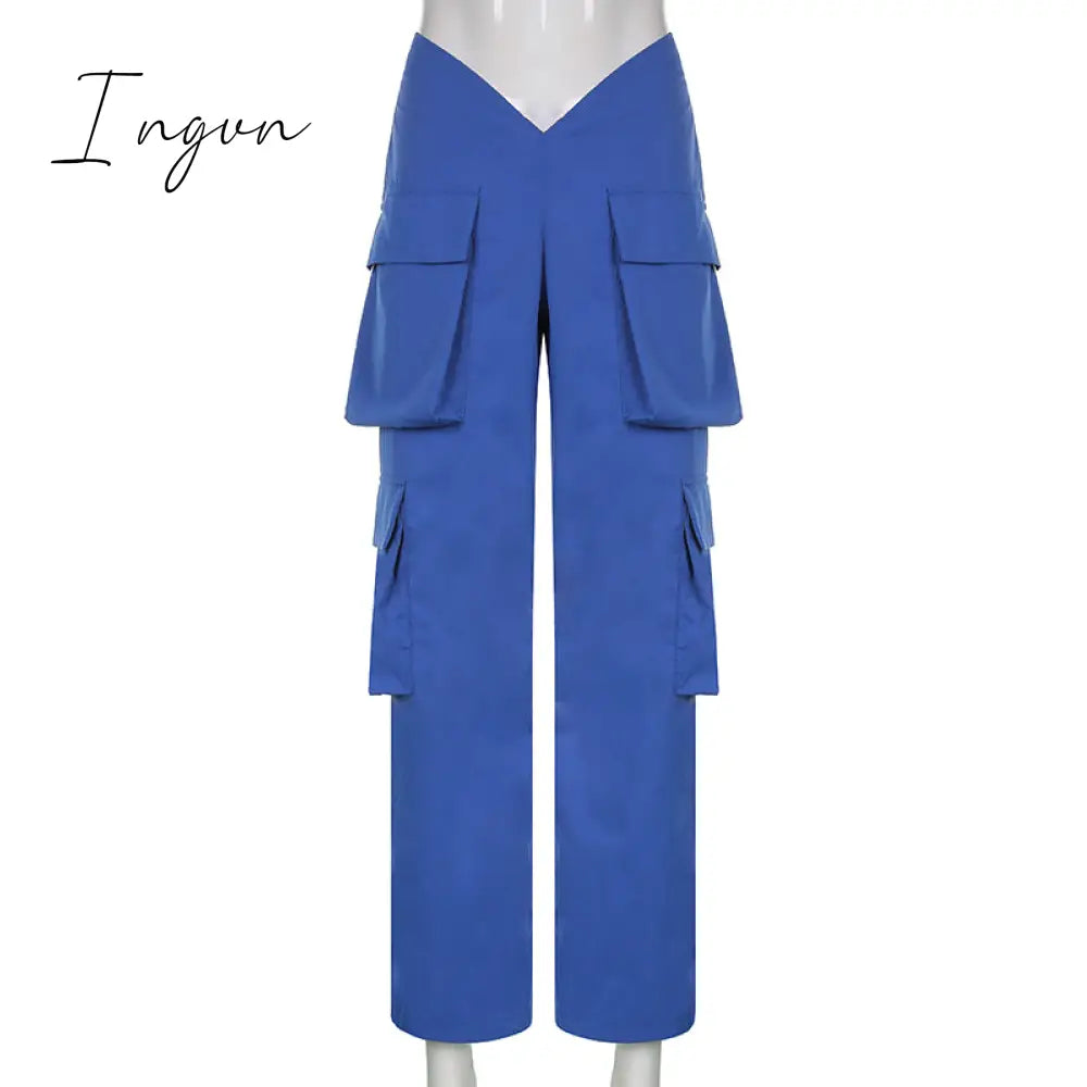 Ingvn - Vintage Y2k Cargo Pants Women Elastic High Waist Big Pockets Baggy Casual Capris Aesthetic Autumn Jogger Sweatpants