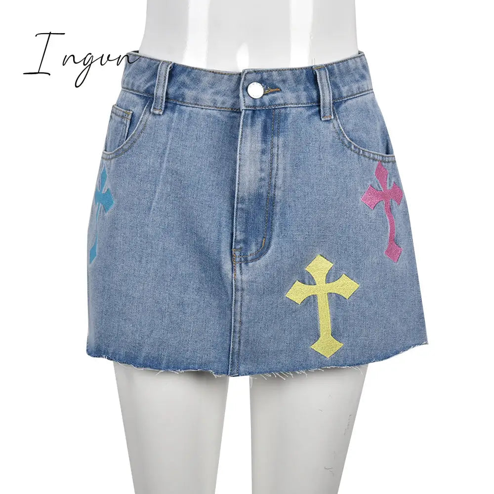 Ingvn - Womens Fashion Denim Skirt Pattern Emboridery Tassel Pocket Zipper Straight Hot Women Bottoms Holiday Vocation Casual Wear Y2k Clothes