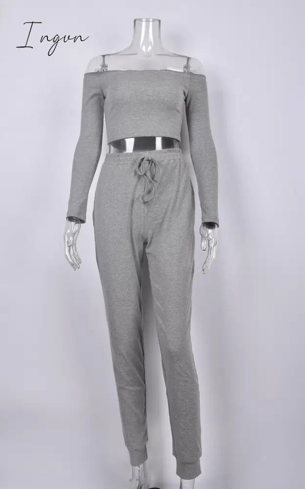 Ingvn - Summer New Women's Wear Collar Shoulder Sports Suit Nine-Minute Sleeve Tight Belt Trousers Gray Two-Piece Pants