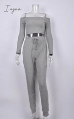 Ingvn - Summer New Women's Wear Collar Shoulder Sports Suit Nine-Minute Sleeve Tight Belt Trousers Gray Two-Piece Pants