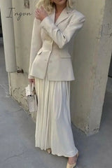 Ingvn - Celebrities Elegant Solid Pleated Turn-back Collar Long Sleeve Two Pieces