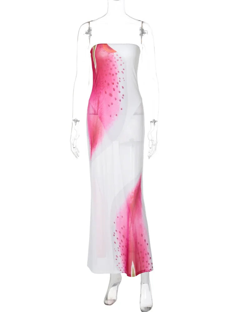 Mesh Floral Print Sexy Maxi Dress For Women Gown Off-shoulder Strapless Sleeveless Backless Bodycon Club Long Dress