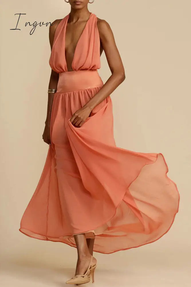 Ingvn - Sexy Vacation Solid Frenulum Backless V Neck Beach Dress Dresses