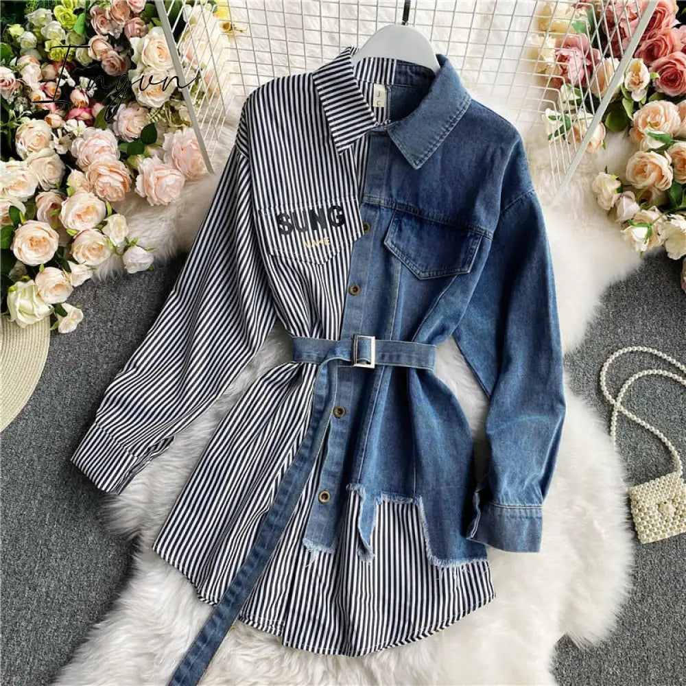Ingvn - Women's Blouse Autumn Long Sleeve Shirt Tops Jeans Patchwork Plaid Blouses Elegantes Blusas para mujer Slim Shirt Dress