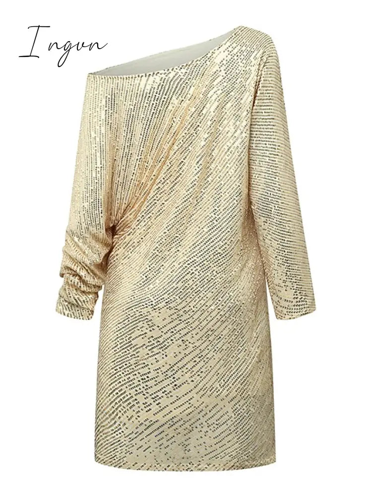 Ingvn - Women‘s Party Dress Sequin Dress Holiday Dress Shift Dress Short Mini Dress White Black Gold Long Sleeve Pure Color Sequins Fall Spring One Shoulder Stylish Hot Party Loose 2023 S M L XL