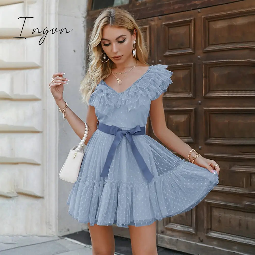 Ingvn - Fashion Trends V-neck mesh polka dot summer tulle party dress women Backless pink ruffle sleeveless dresses Elegant sash maxi vestido