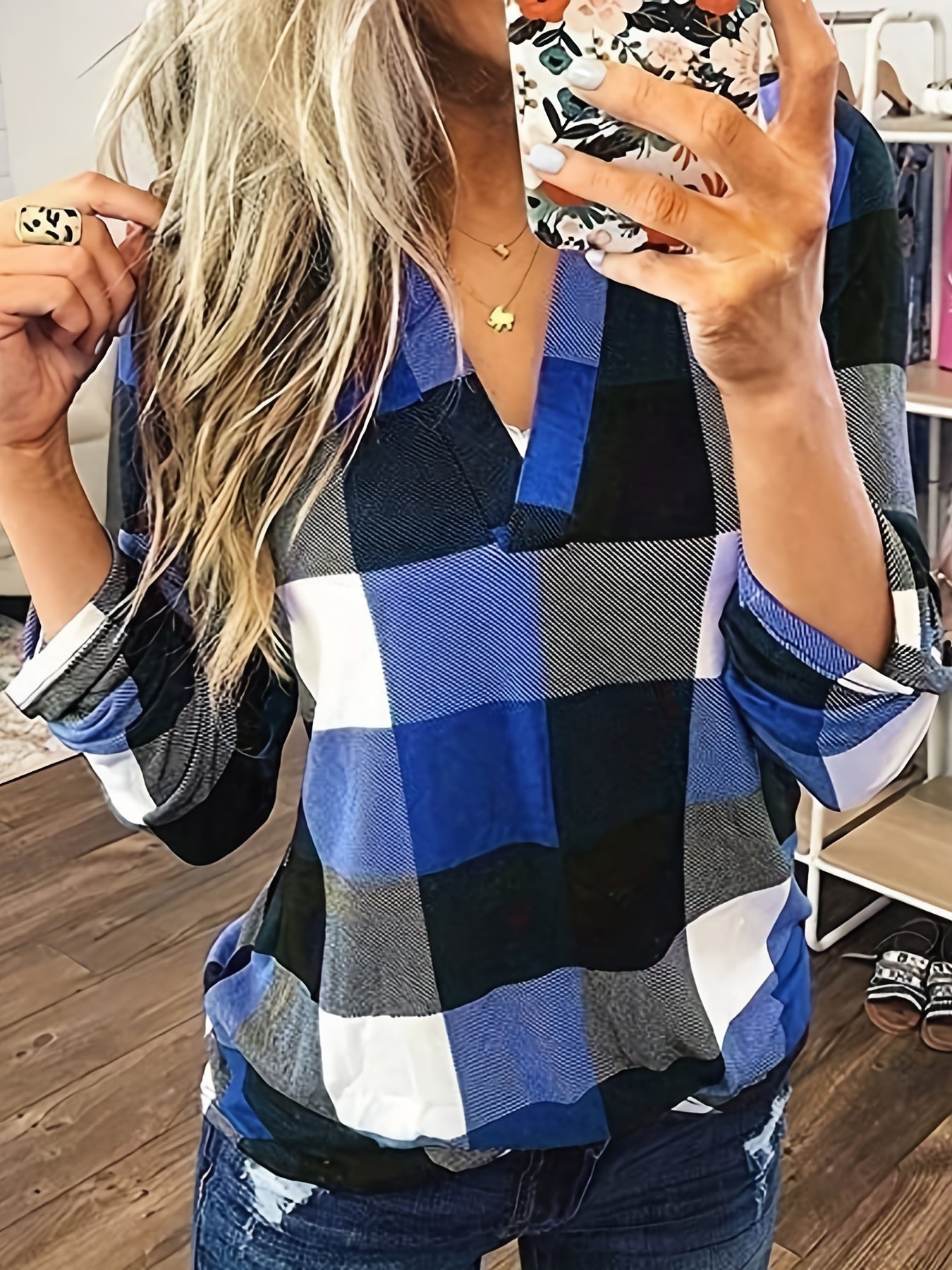 Casual Plaid Shirt, Long Sleeve V-neck Shirt, Casual Every Day Tops, Women's Clothing