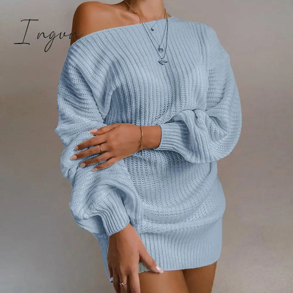 Ingvn - The hottest ladies casual off-shoulder lantern sleeve knitted sweater dress