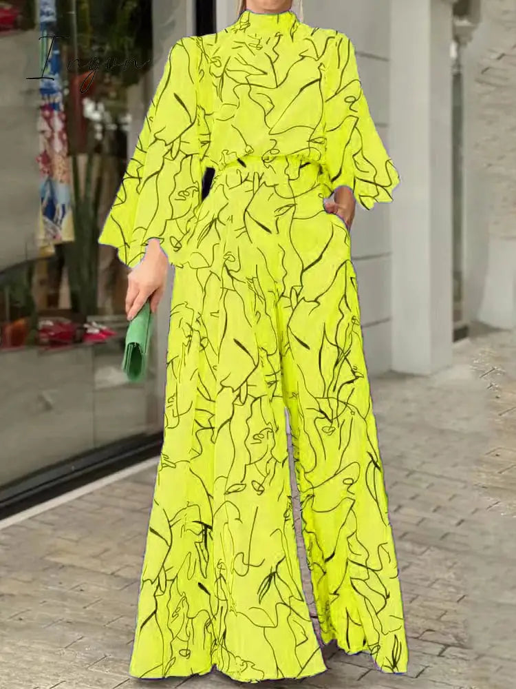 Ingvn - Summer European and American Women's Dress Elegant Waist Tie up Long Sleeve Hanging Neck Pants Print Jumpsuits