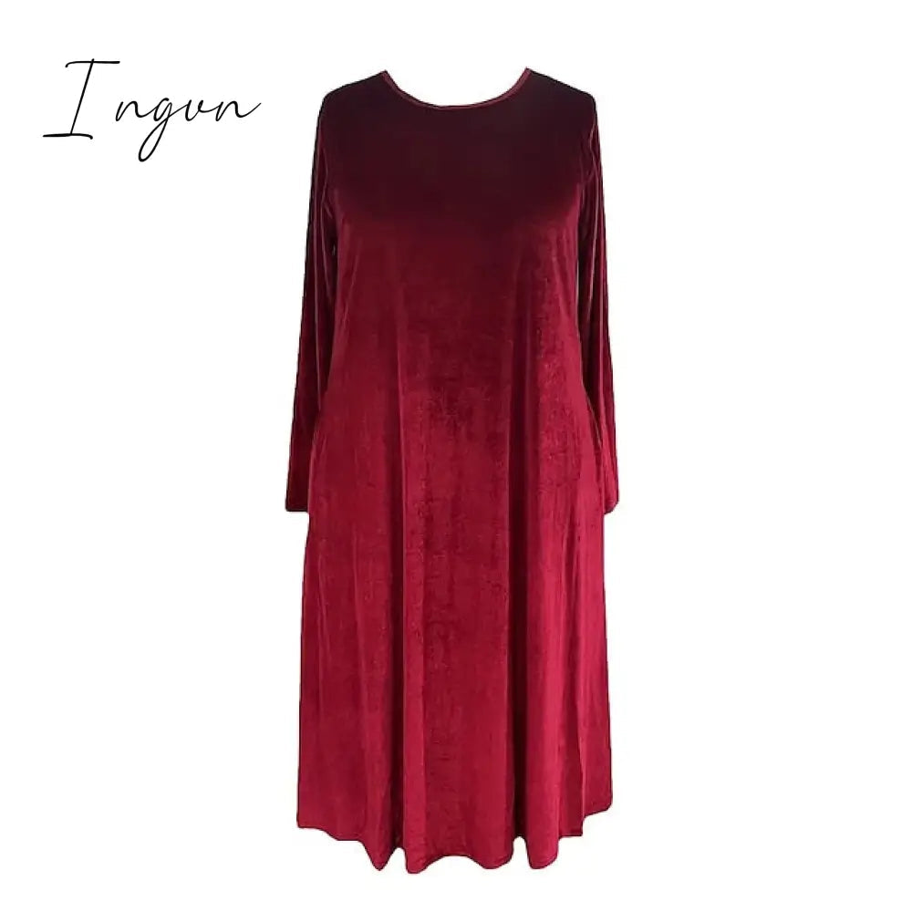 Ingvn - Women‘s Velvet Dress Shift Dress Caftan Dress Long Dress Maxi Dress Green Black Purple Long Sleeve Pure Color Pocket Winter Fall Spring Crew Neck Mature Winter Dress Daily Vacation 2023