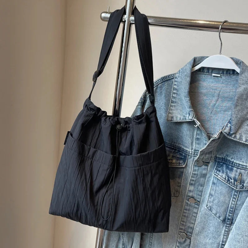 Ingvn  Simple Pleated Women's Shoulder Bag Soft Nylon Ladies Crossbody Bags Vintage Large Capacity Female Tote Drawstring Handbags