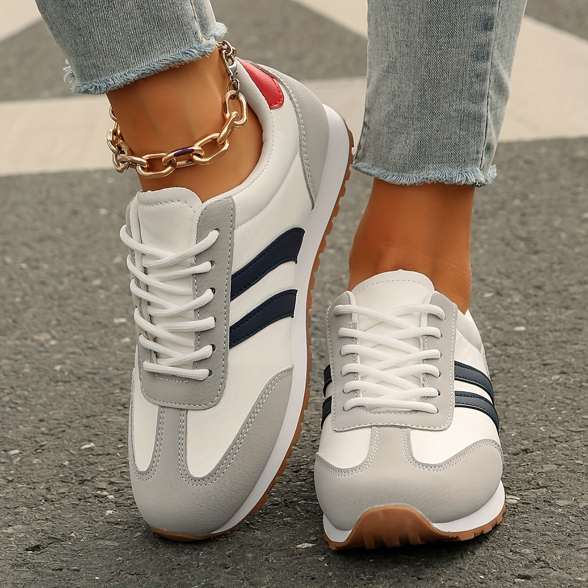Women's Fashion Sneakers - Breathable & Lightweight, Lace-Up Casual Sneakers with Red & Blue Stripes, Comfortable Soft Sole