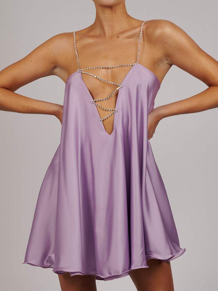 Diamante Chain Satin Low Back Swing Dress With Iridescent Crystal Straps and Neck Sexy Celebrity Party Elegant Women Dress