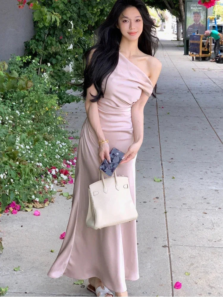 Vintage Elegant Evening Party Dresses Women Summer Solid Fashion Korean Y2k Design Dress Female Irregular Slim Casual Clothing