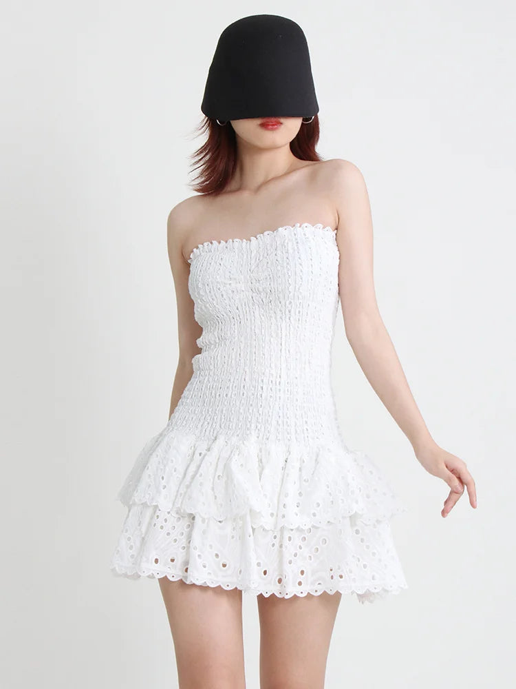 Cut Out Layered Hem Sexy Dress For Women Strapless Sleeveless Off Shoulder High Waist Mini Dresses Female Clothing