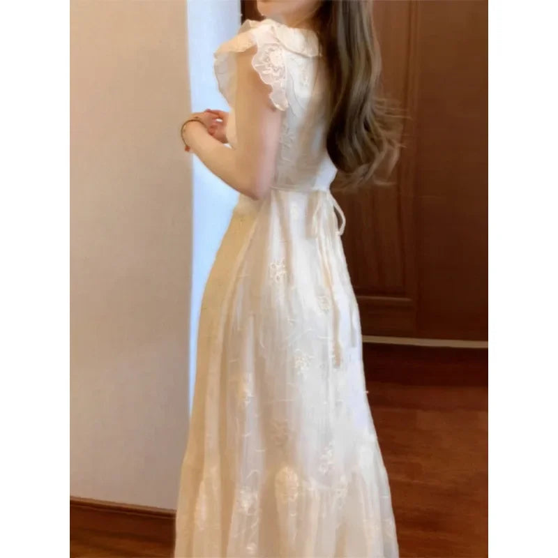French Style Solid Color Summer Dress Women's Knee-Length Sleeveless Holiday Beach Vacation Skirt Short Flounce Sleeve