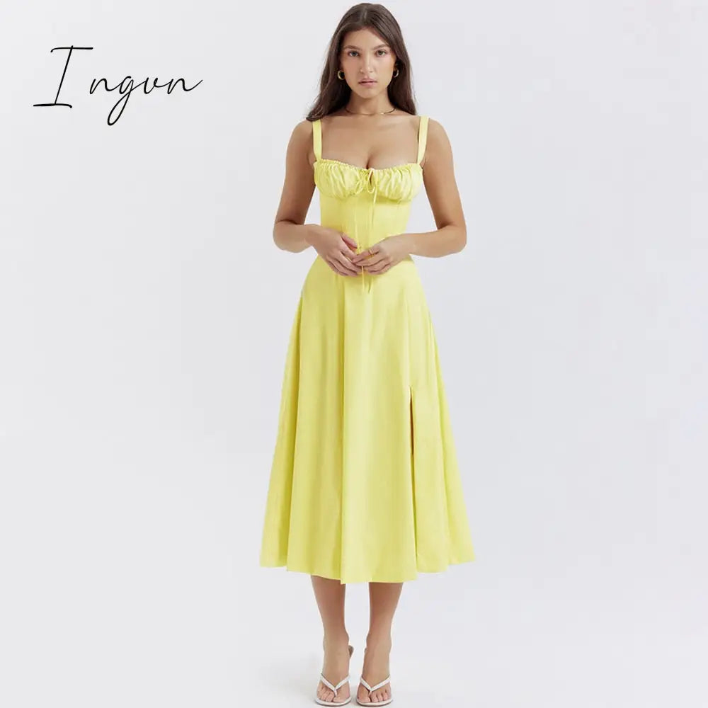 Ingvn - suninheart Elegant  A Line Midi Dress Sexy Spaghetti Strap Lace Up Red Holiday Party Dresses Split Summer Dresses Women 2023