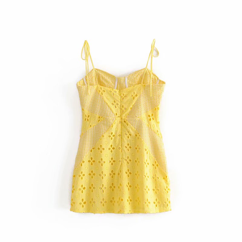 Voguable  Women Yellow Lace Trim Spaghetti Strap Bodycon Mini Dress Romantic Lady Backless Sleeveless Party Club Sexy Dress