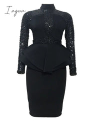 Ingvn - New arrival spring sexy lady 3 colors mid dress zipper fly ruffles bud dress full sleeve slivers office lady new dress