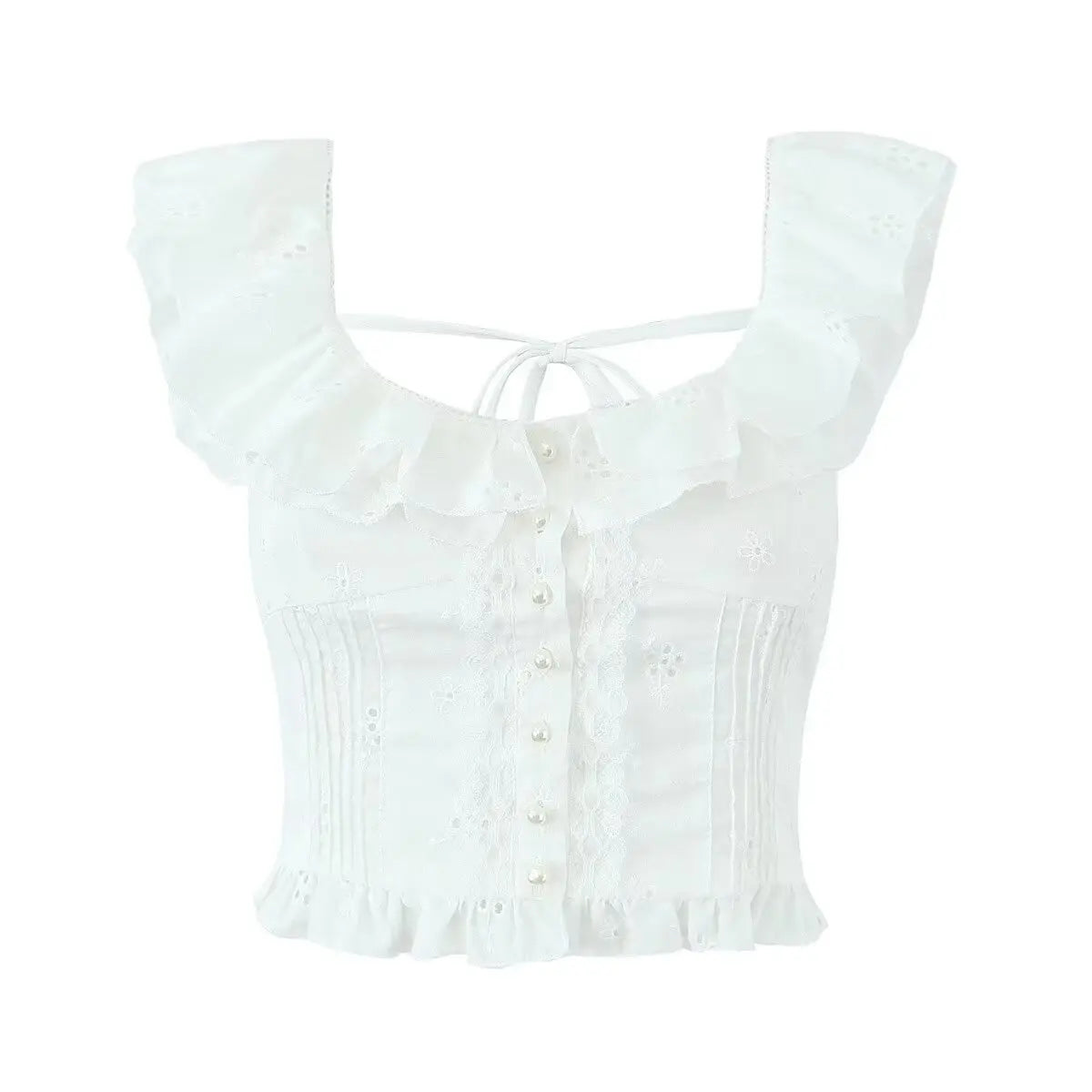 Women Hollow Out Embroidery White Tank Top Lace Trim Flying Sleeve Female Summer Crop Top Holiday